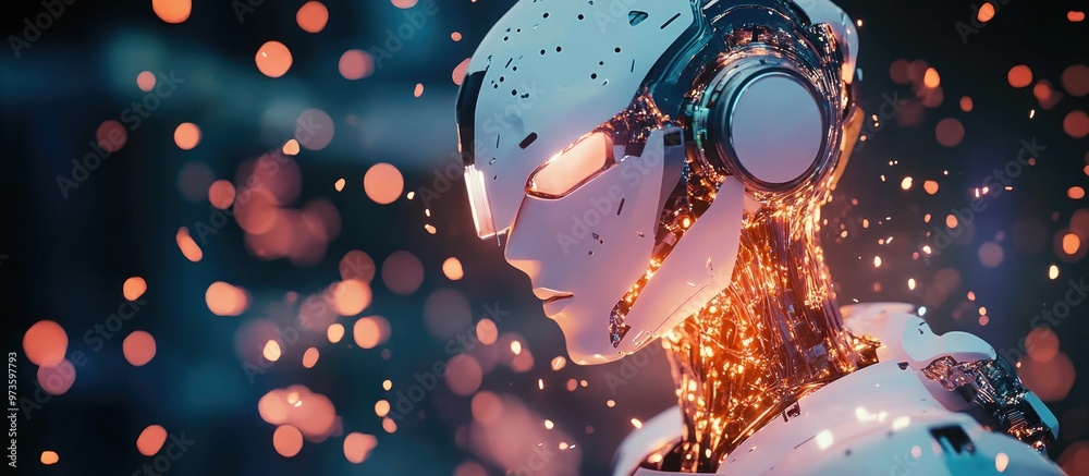 Poster humanoid robot in soft focus developing an innovative and futuristic energy power source in a 3d ren
