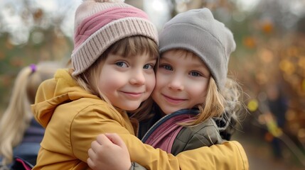 Obraz premium Two young children, dressed warmly in jackets and beanies, share a heartfelt embrace outdoors, their faces glowing with smiles and capturing the joy and innocence of childhood friendship.