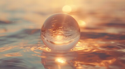 Beautiful Crystal Sphere on a Small Surface of Water, Bathed in the Golden Light of Sunset, Creating Stunning Reflections.
