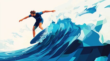 Dynamic 2D Flat Design of Man Riding Massive Wave with Geometric Shapes and Smooth Curves for Motion - Surfer in Vibrant Blue and White Scene