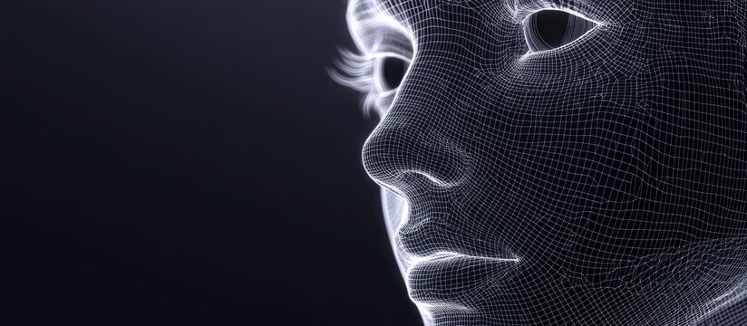 3D wireframe representation of a young female face against a contrasting background symbolizing technology cyborgs digital avatars and futuristic concepts in science and fiction