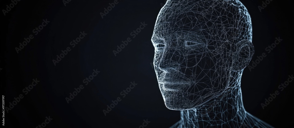 Poster 3d wireframe male head on a black background representing technology cyborgs digital avatars and fut