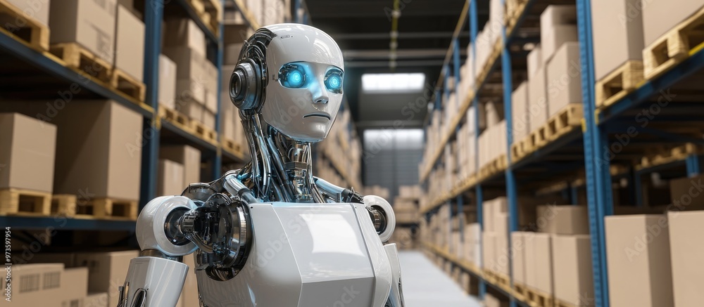 Poster 3d rendered robot featuring automation in a warehouse setting with cardboard boxes