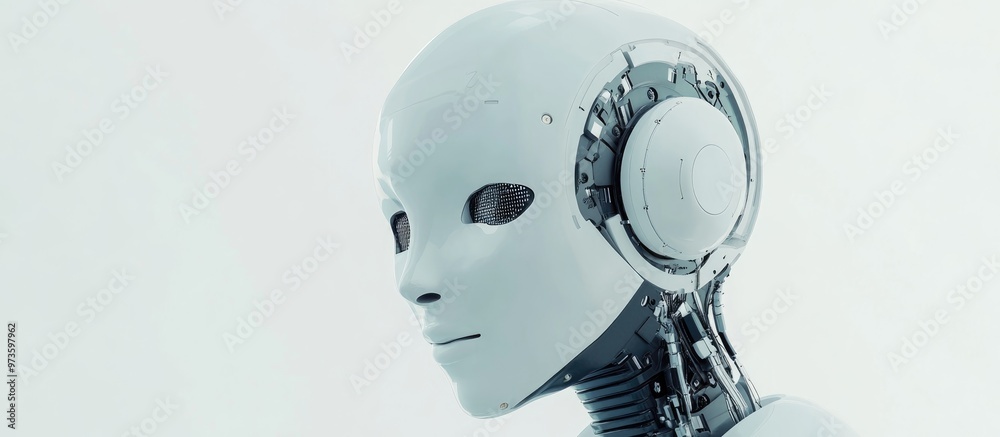 Aufkleber close up view of a white ai robot against a plain background 3d cg representation of automated proce