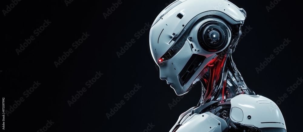 Poster profile view of a futuristic humanoid robot showcasing intricate cyborg features upper body displaye