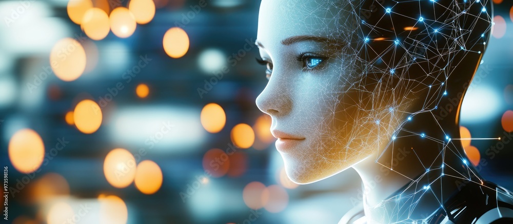 Poster white female robot on a blurred background utilizing digital network connections in 3d rendering