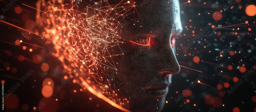 Poster image depicting ai technology with a computer generated face surrounded by abstract moving lines and