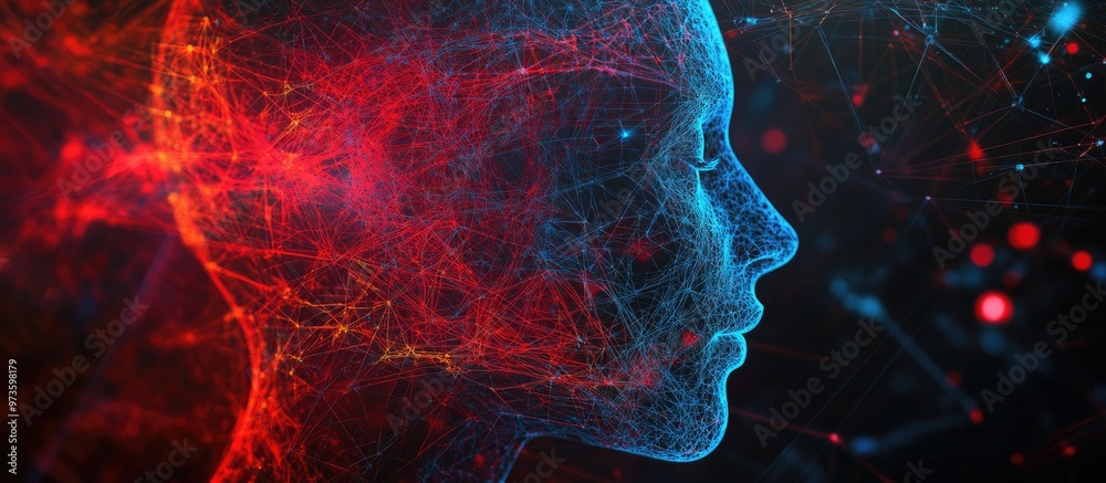 Poster abstract depiction of human head outlines intertwined with technological and fractal elements explor