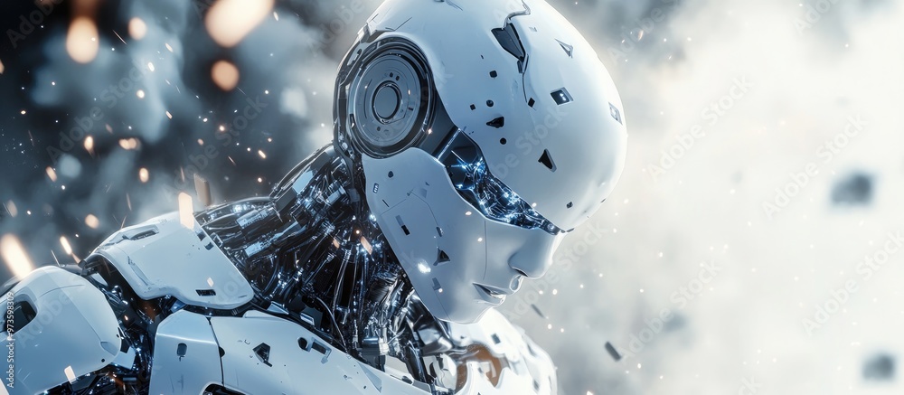 Poster future robot android amidst advanced robotics and explosive high energy technology backdrop a concep
