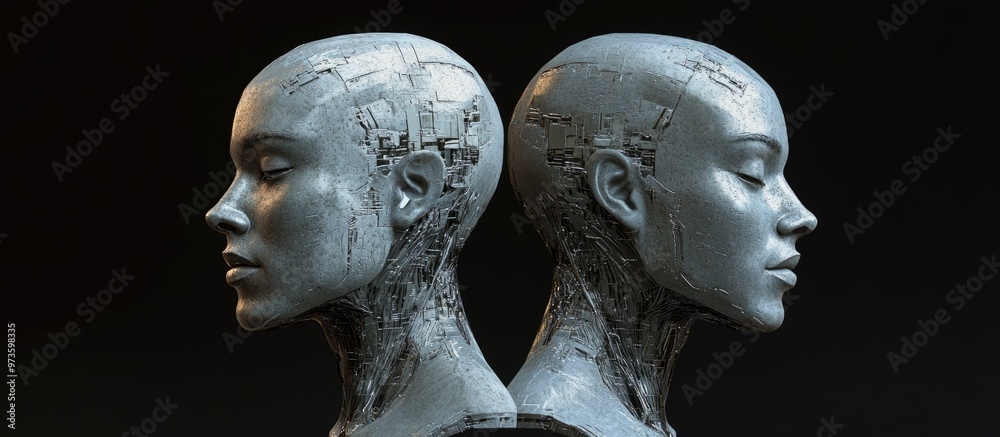 Wall mural 3d rendering of futuristic robotic heads representing a man and woman cybernetic faces displayed fro