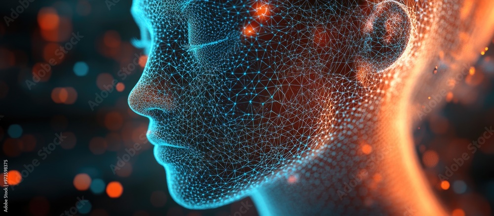 Poster abstract polygonal technology background featuring a 3d wireframe head enhanced with blurred and len