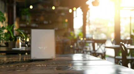 A Menu Sign on a Wooden Table in a Sunny Cafe