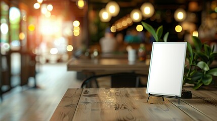 Blank Sign on Wooden Table in a Cafe Setting