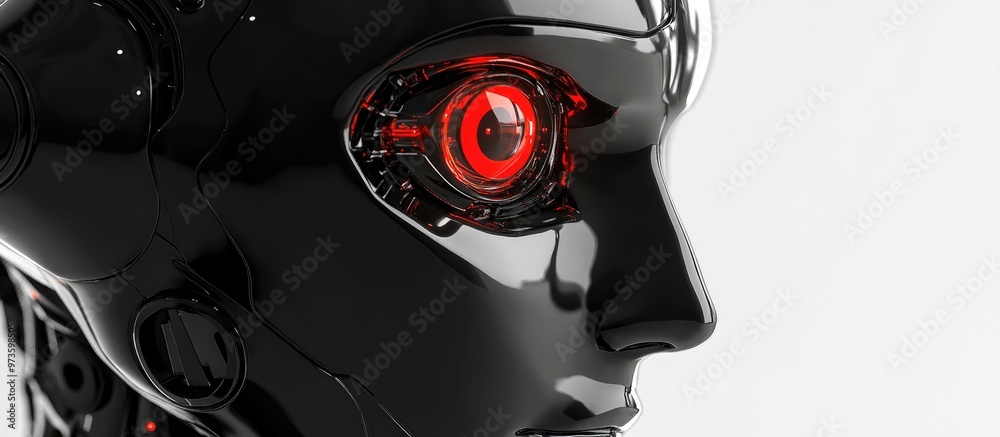 Poster realistic red robotic eye with a camera on a black robot face representing high tech facial recognit