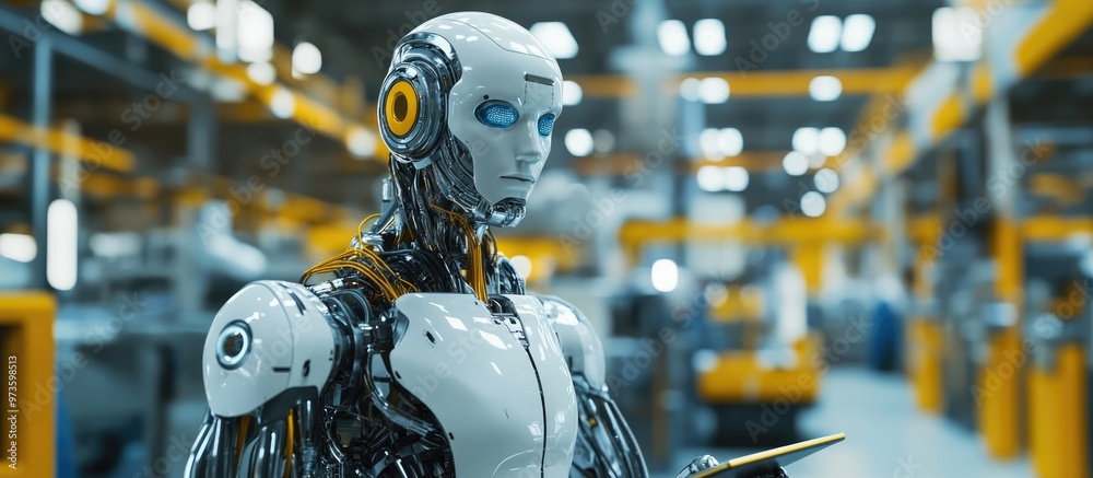 Poster cyborg with tablet in a factory setting representing the concept of automation illustrated through 3