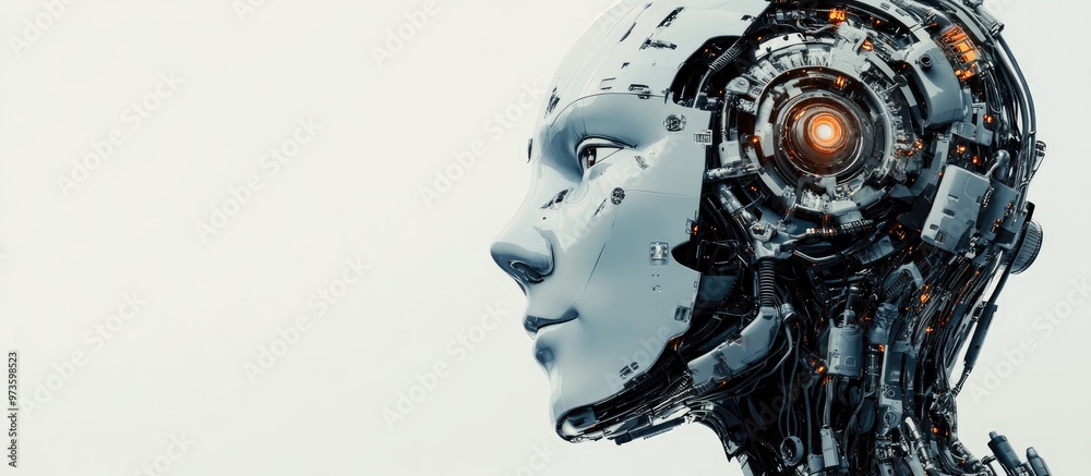 Poster ai robot head featuring a digital brain engine isolated on a white background with a clipping path 3