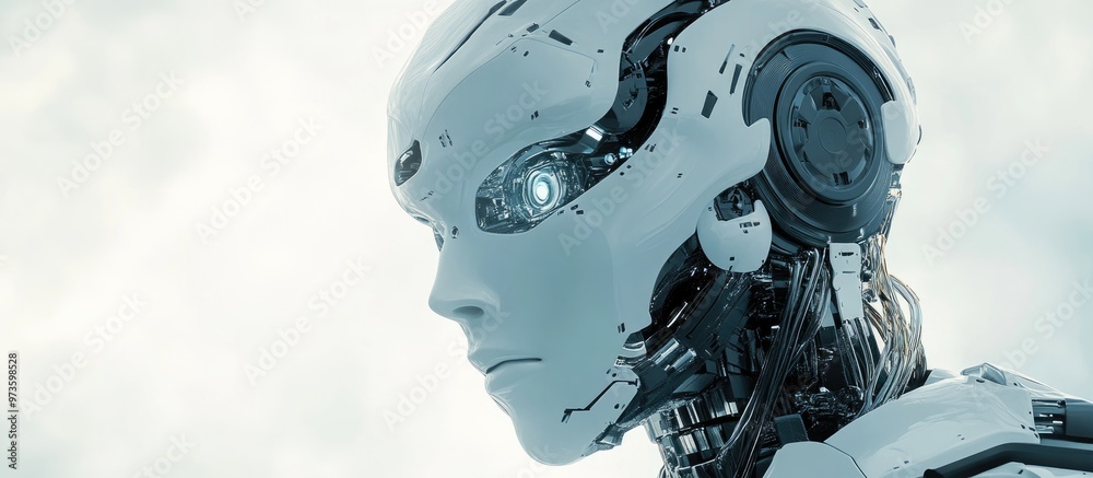 Wall mural 3d render of a robotic cyborg on a soft focus backdrop showcasing advancements in technology and aut