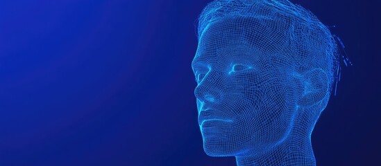 3D wireframe depiction of a young male face against a blue background symbolizing technology cyborgs digital identity virtual representation science fiction and abstraction