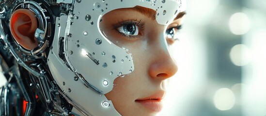 Female cyborg face featuring intricate pearl like artificial skin showcasing virtual reality and AI conceptual design in 3D rendering
