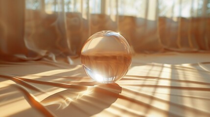 Obraz premium Beautiful Crystal Sphere on Fabric Floor, Illuminated by Soft Morning Light Filtering Through Curtain-Draped Windows in a Cozy Room.