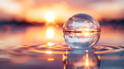 Beautiful Crystal Sphere on a Small Surface of Water, Bathed in the Golden Light of Sunset, Creating Stunning Reflections.