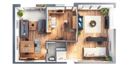 Top view of a modern apartment with a living room, bedroom, kitchen, and bathroom.