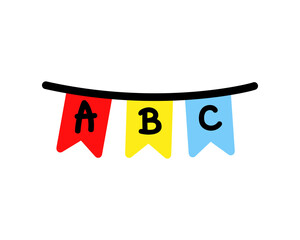 Hanging colorful alphabet letter abc banner. Education, language, kids preschool, school learning concepts. Flat decorative vector design isolated illustration.