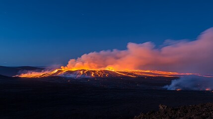 Majestic Volcanic Eruption with Flowing Lava and Billowing Smoke Illuminating the Night Sky, Capturing the Raw Power of Nature in an Awe-Inspiring Scene