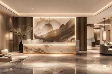 Modern and luxury hotel reception interior design featuring a large painting