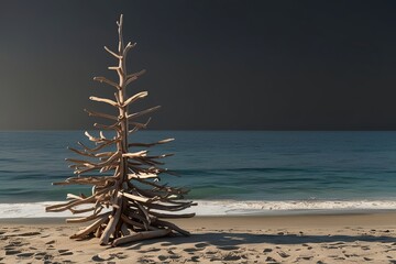 Coastal Rustic Driftwood Christmas Tree by the Ocean with Blank Background