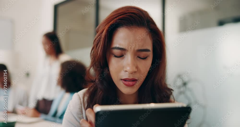 Canvas Prints Research, tablet and confused with business woman for influencer marketing manager, digital campaign and fake news. Creative agency, mistake and branding awareness with person for social media trends