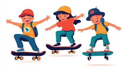 Joyful Kids Skateboarding Together - Minimalist Vector Illustration of Youthful Friendship and Outdoor Fun in Flat Style