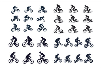 Black and white drawing of sportsmen on mountain bikes set on a white background.