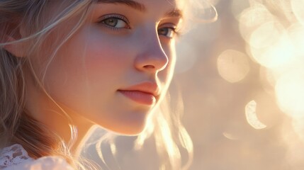 Fototapeta premium A portrait of a cute girl with fair complexion, wearing a light pink dress, her face softly illuminated by the warm afternoon sun