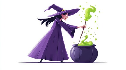 Obraz premium Whimsical Witch Stirring Bubbling Cauldron - Fun Halloween Vector Illustration