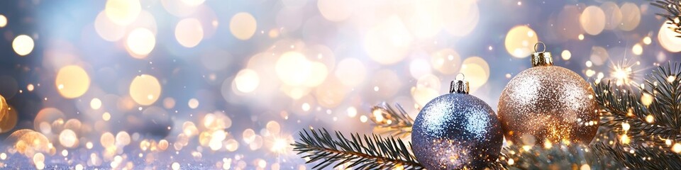 Cheerful Christmas background with bauble and glittery bokeh with blurred background. 