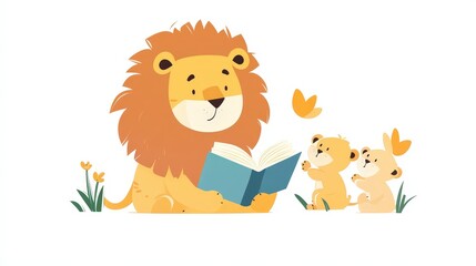 Obraz premium Educational Storytime: Cartoon Lion Reading to Baby Animals in Simple Flat Design