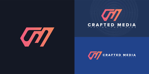 Modern vector initial letter CM or MC logo in gradient pink color isolated on multiple background colors. The logo is suitable for marketing agency logo design inspiration templates.