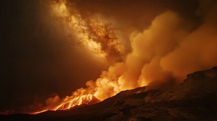 Fototapeta premium Majestic Volcanic Eruption with Flowing Lava and Billowing Smoke Illuminating the Night Sky, Capturing the Raw Power of Nature in an Awe-Inspiring Scene