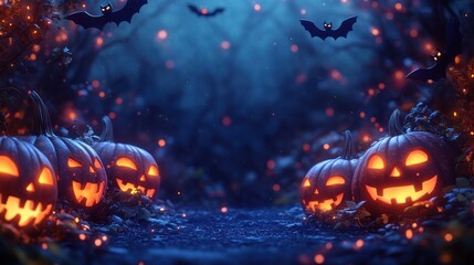 Fototapeta premium Spooky Halloween scene with glowing pumpkins and bats.