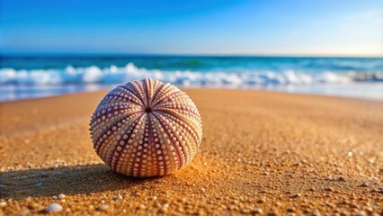 Obraz premium Sea urchin shell resting on the sandy beach, sea urchin, shell, sand, beach, ocean, marine life, nature, texture