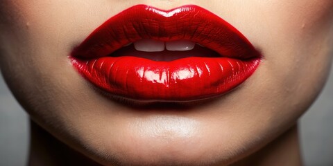 Obraz premium Vibrant red lipstick with a glossy finish on beautiful lips, beauty, makeup, cosmetics, glamour, fashion, lips