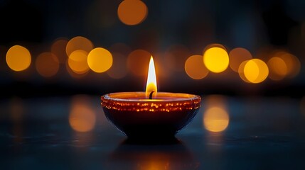 A traditional oil lamp, a clay diya candle, is glowing in celebration of Diwali, a Hindu festival of lights, set against a dark background