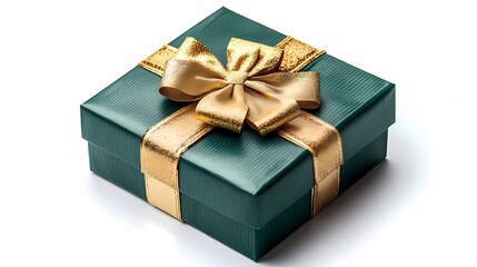 Obraz premium green gift box with gold ribbon isolated at white background