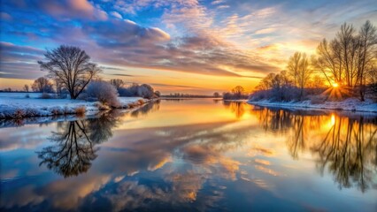 Winter sunset reflects off the calm river creating a serene and peaceful scene, winter, sunset, river, reflections, ice, snow