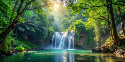 Naklejka premium Lush forest landscape with a majestic waterfall flowing through the trees, forest, landscape, waterfall, nature, greenery