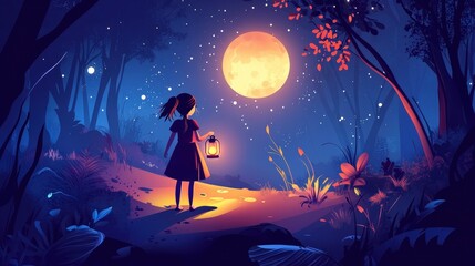 Obraz premium Enchanting Nighttime Adventure: Girl with Lantern in Dark Forest Vector Illustration