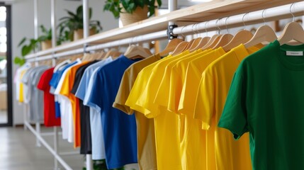 Fototapeta premium Colorful T-Shirts Hanging on Wooden Rack, Clothing Store, Casual Apparel, Bright Display