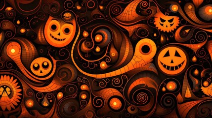 A vibrant, swirling pattern featuring whimsical pumpkin faces and spooky elements, perfect for Halloween-themed designs.