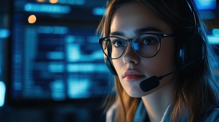 Close-up portrait of a young woman wearing glasses and a headset, looking seriously at the camera.